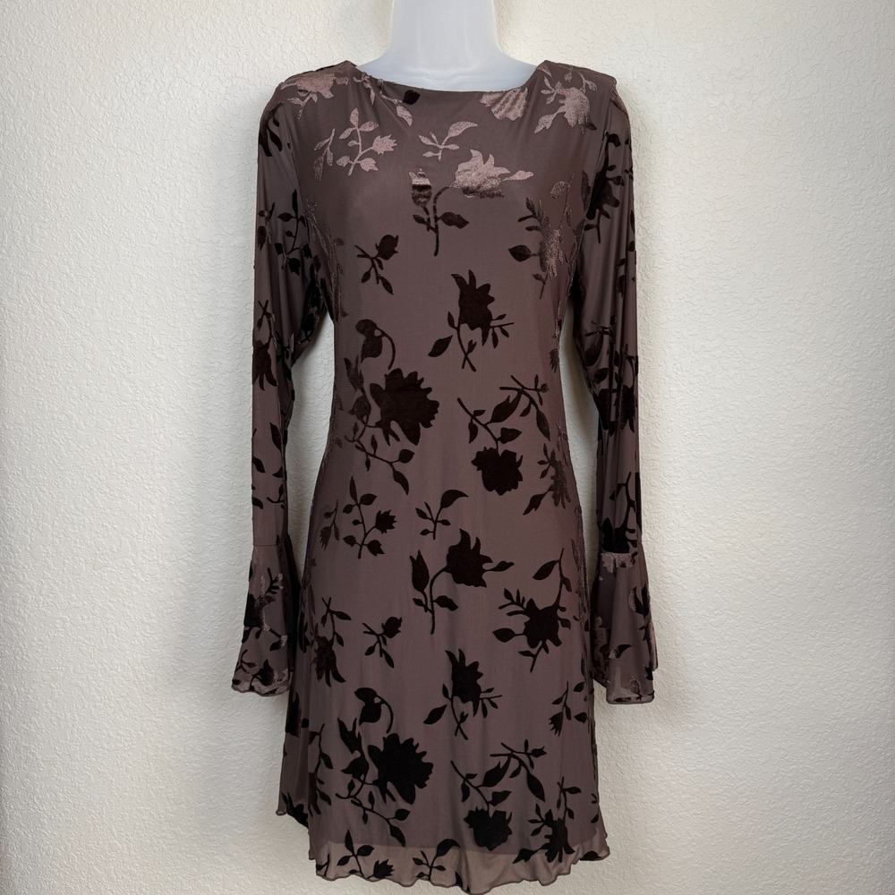 BTFBM NWT Chocolate Brown Velvet Burnout Floral Mesh Mini Dress Bell Sleeve XL